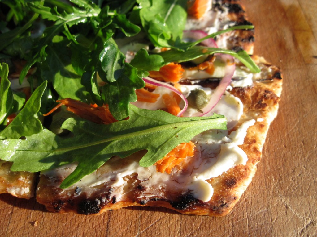 Grilled Pizza with Smoked Salmon, Goat Cheese & Arugula